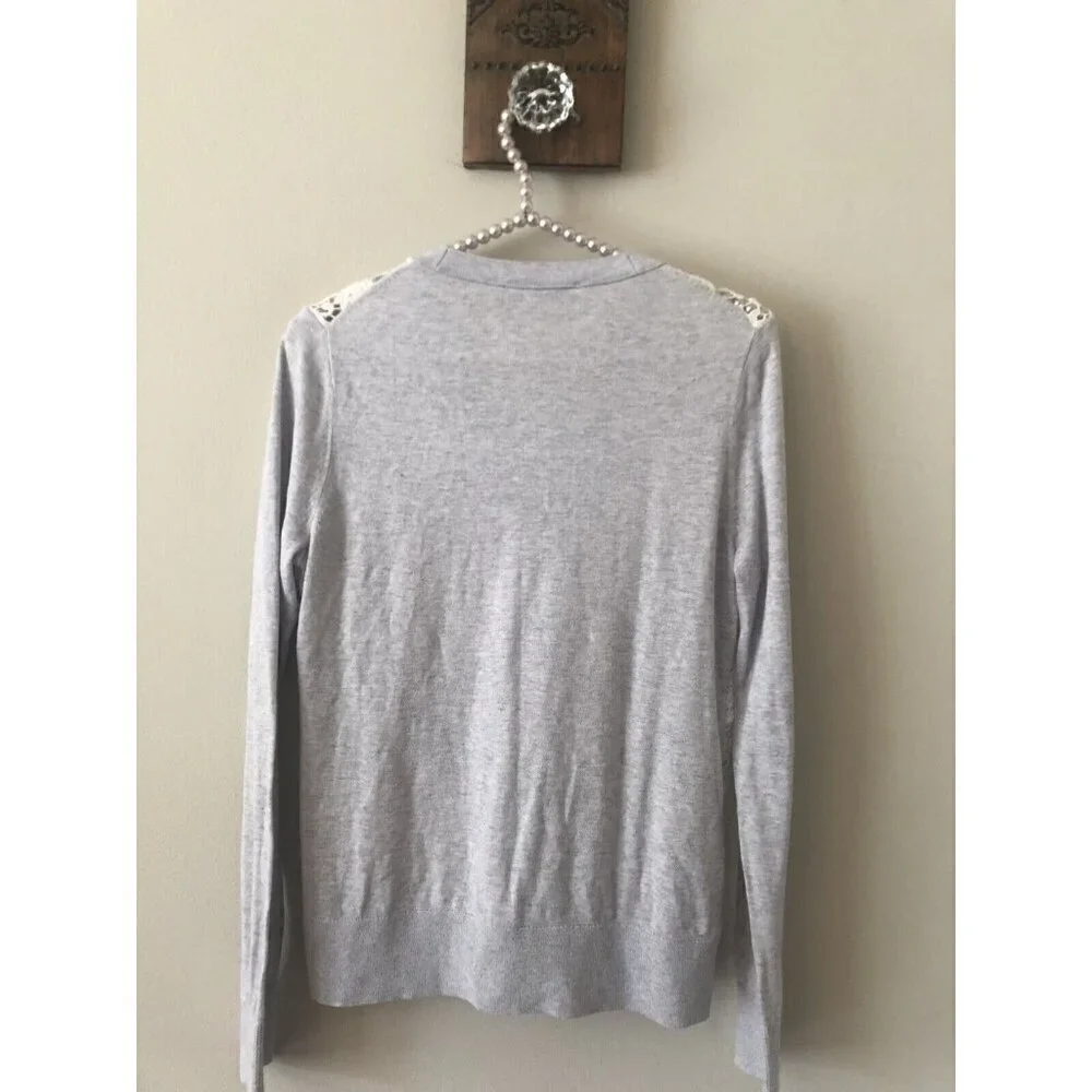 LOFT Womens Size M Cardigan Sweater Button Front Gray White Lace Crochet Front